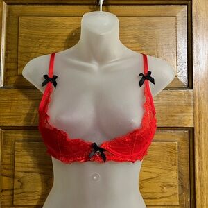 Half Cup Red Lace Bra with Black Bow Accents